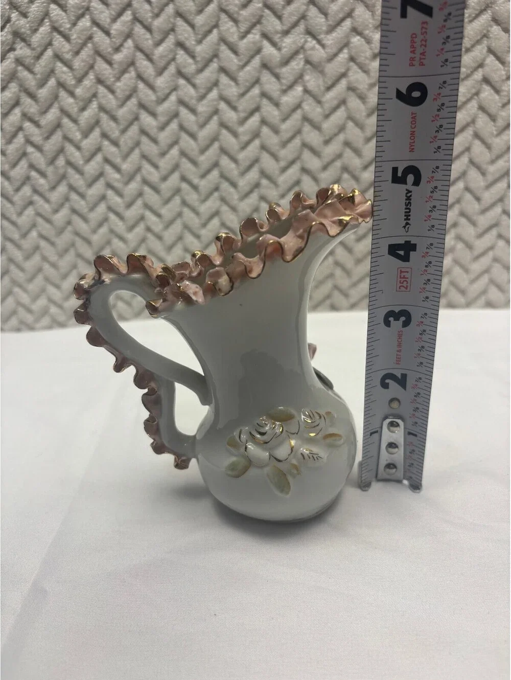 Vintage Small Porcelain Pitcher Vase with Pink and Gold Ruch